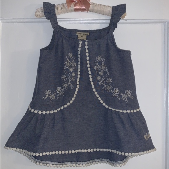 Lucky Brand Chambray Swing Top 4T Ruffle Straps EUC Embroidered Floral Design - Picture 9 of 10